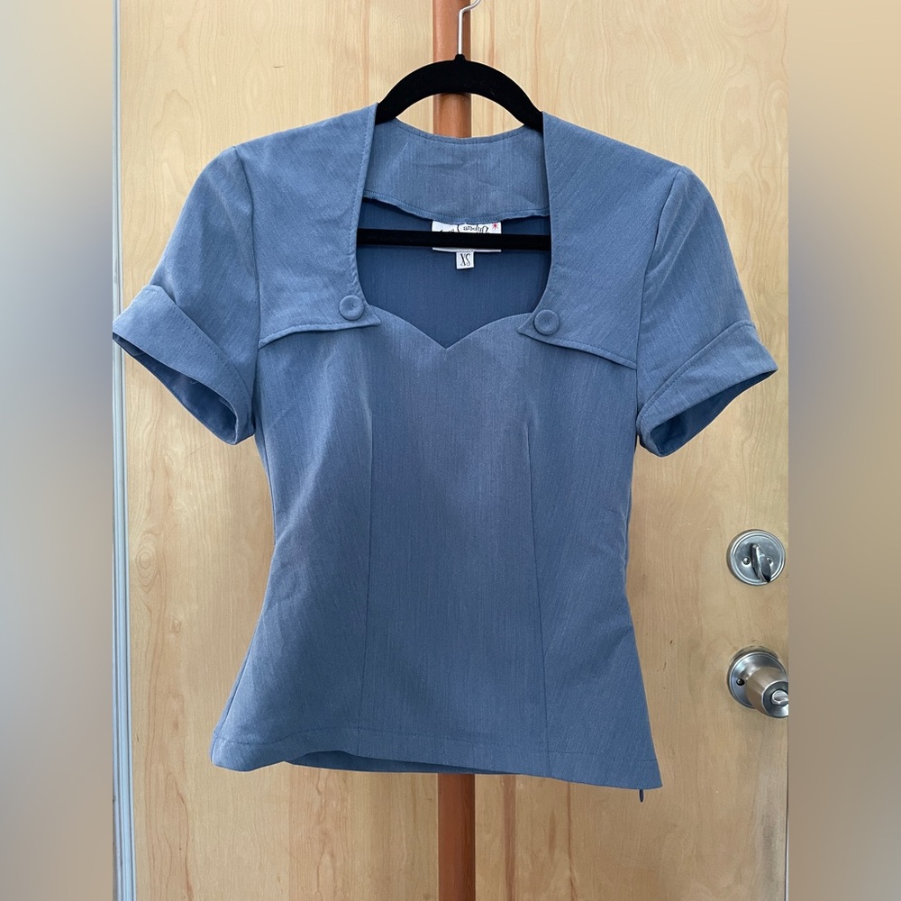 Miss Candyfloss 1940s blue sweetheart top, Agent Peggy Carter style size XS